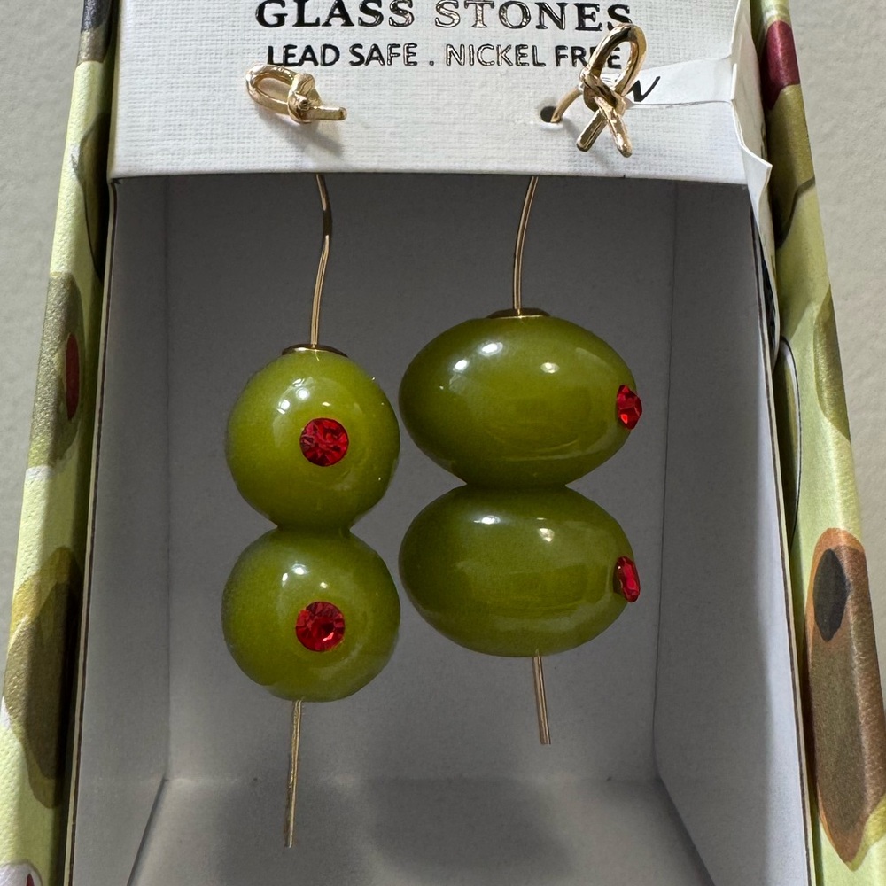 Piper K Dirty Martini Olive Earrings Dangle Drop Glass Stones Novelty Fun Quirky